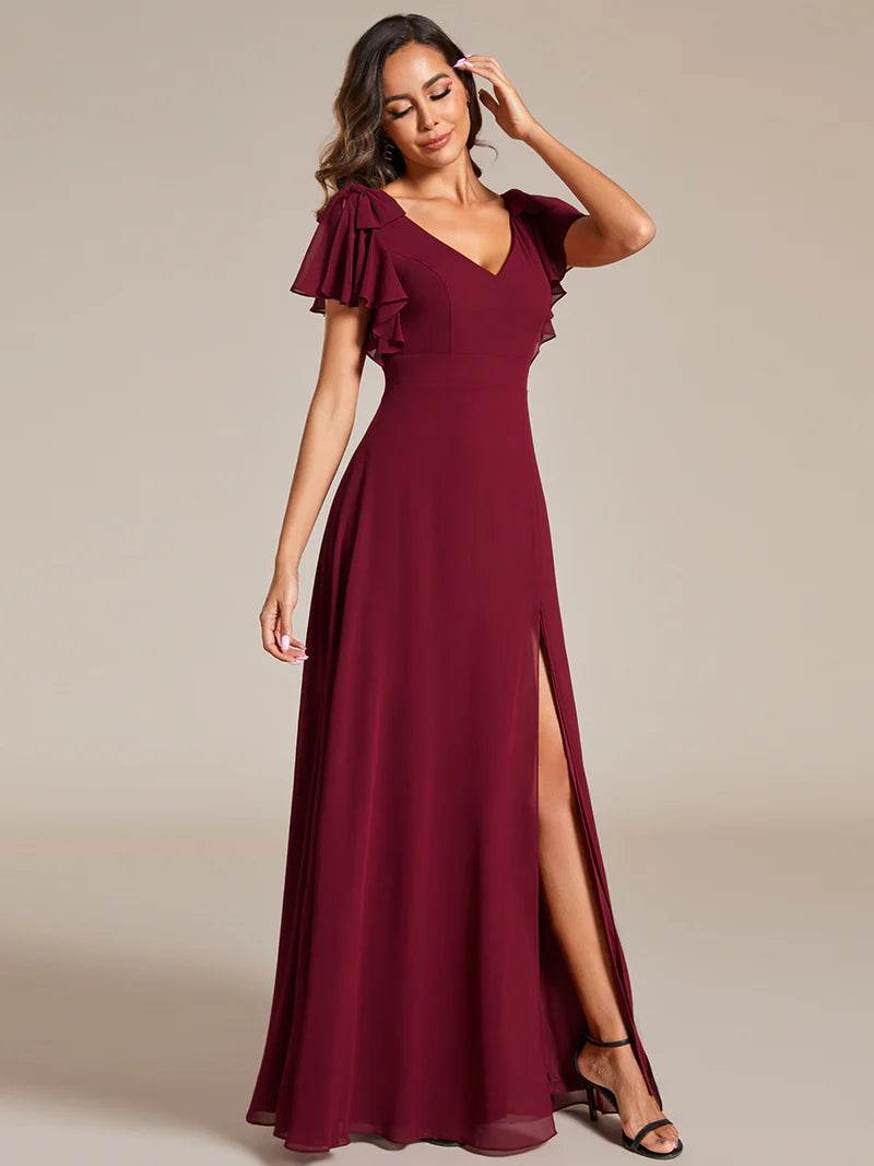 V-Neck Chiffon Bridesmaid Dress with Ruffle Split Sleeves and Bowknot Detail - Biamonde